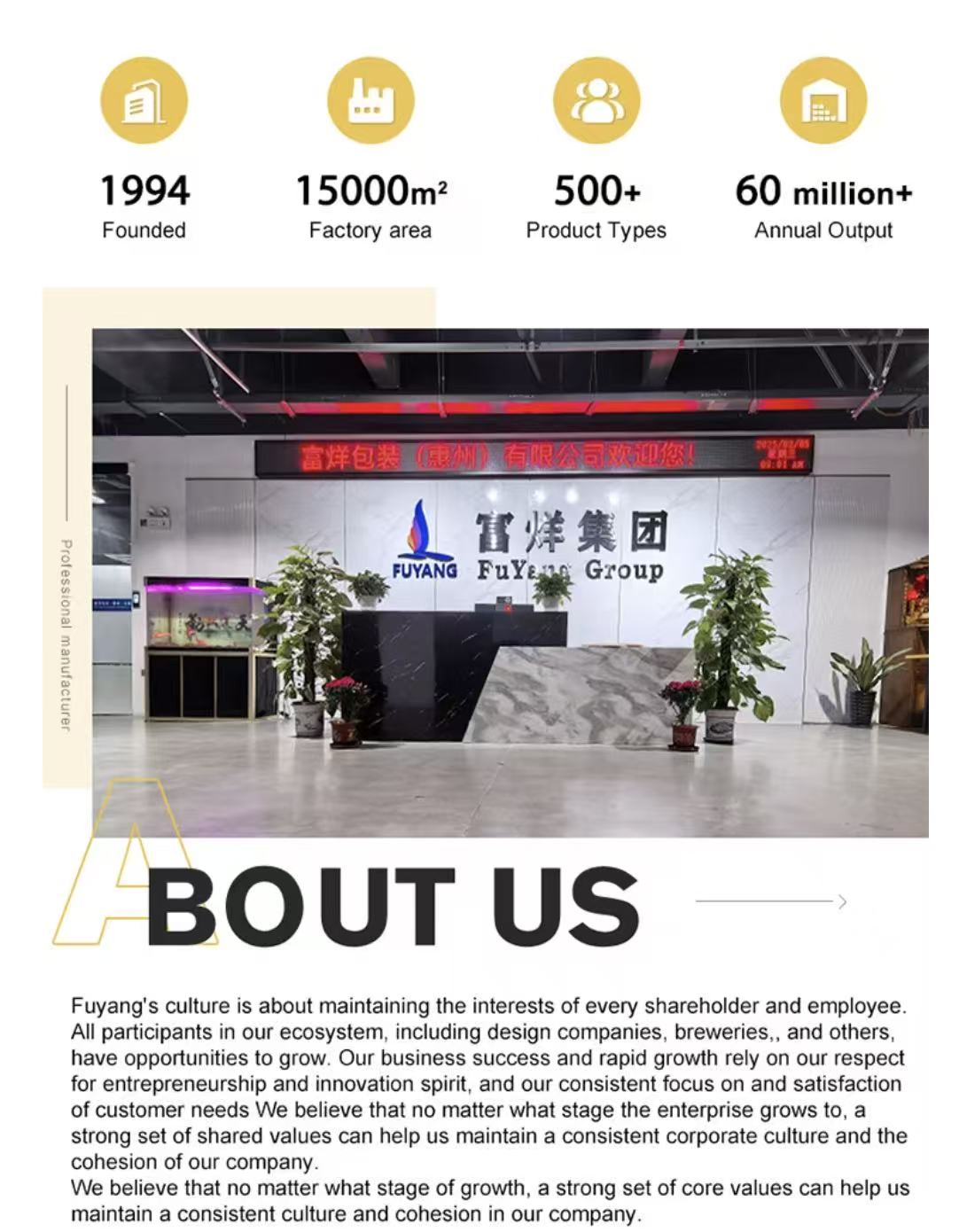 Fuyang Group Factory Interior – Modern Facility with 15000m² Area, 500+ Product Types, and 60 Million+ Annual Output. Premium Custom Cosmetic Packaging Manufacturer Since 1994.